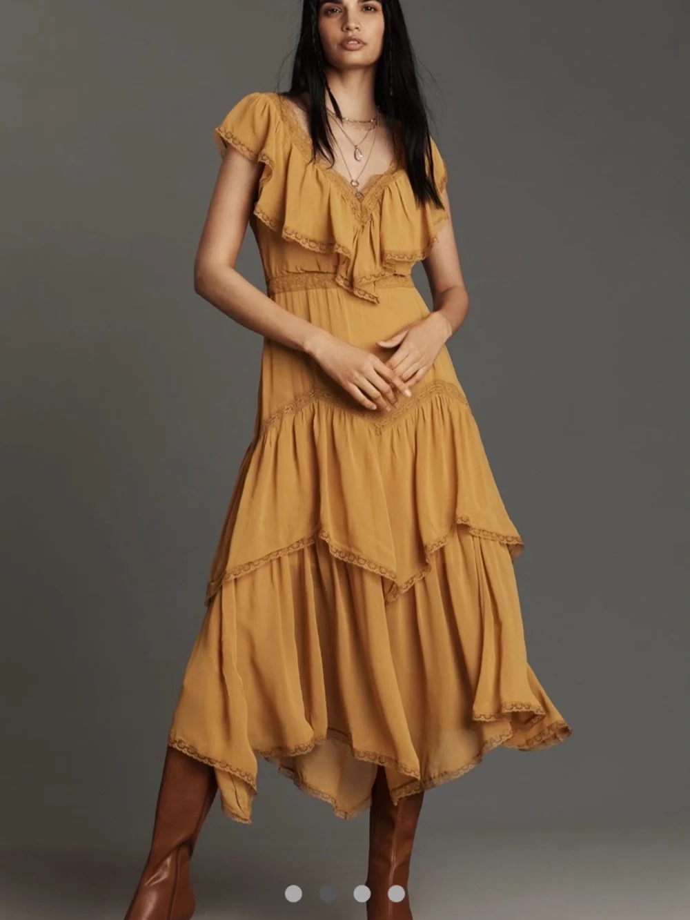Anthropologie Mustard Tiered Maxi Dress with Ruffle V-Neck short sleeve dress - Picture 2 of 5